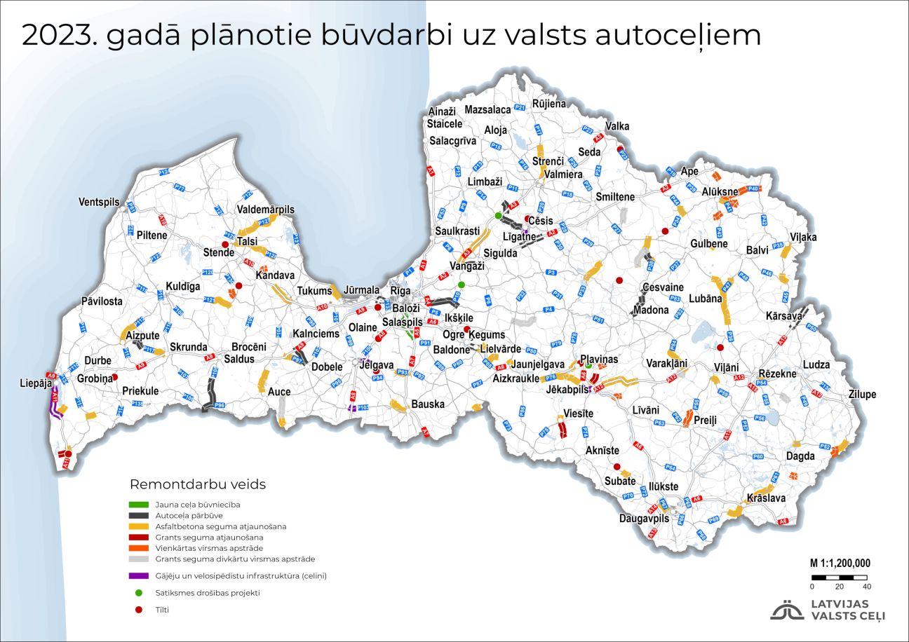 “Latvijas Valsts ceļi” mājaslapā publicēta karte ar šogad plānotajiem valsts ceļu remontdarbiem